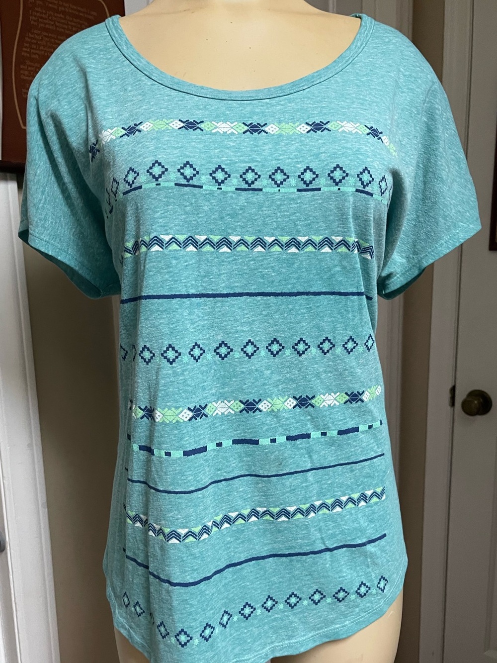 Sonoma Teal Short-Sleeve Scoop Neck Top with Navy & Mint Pattern